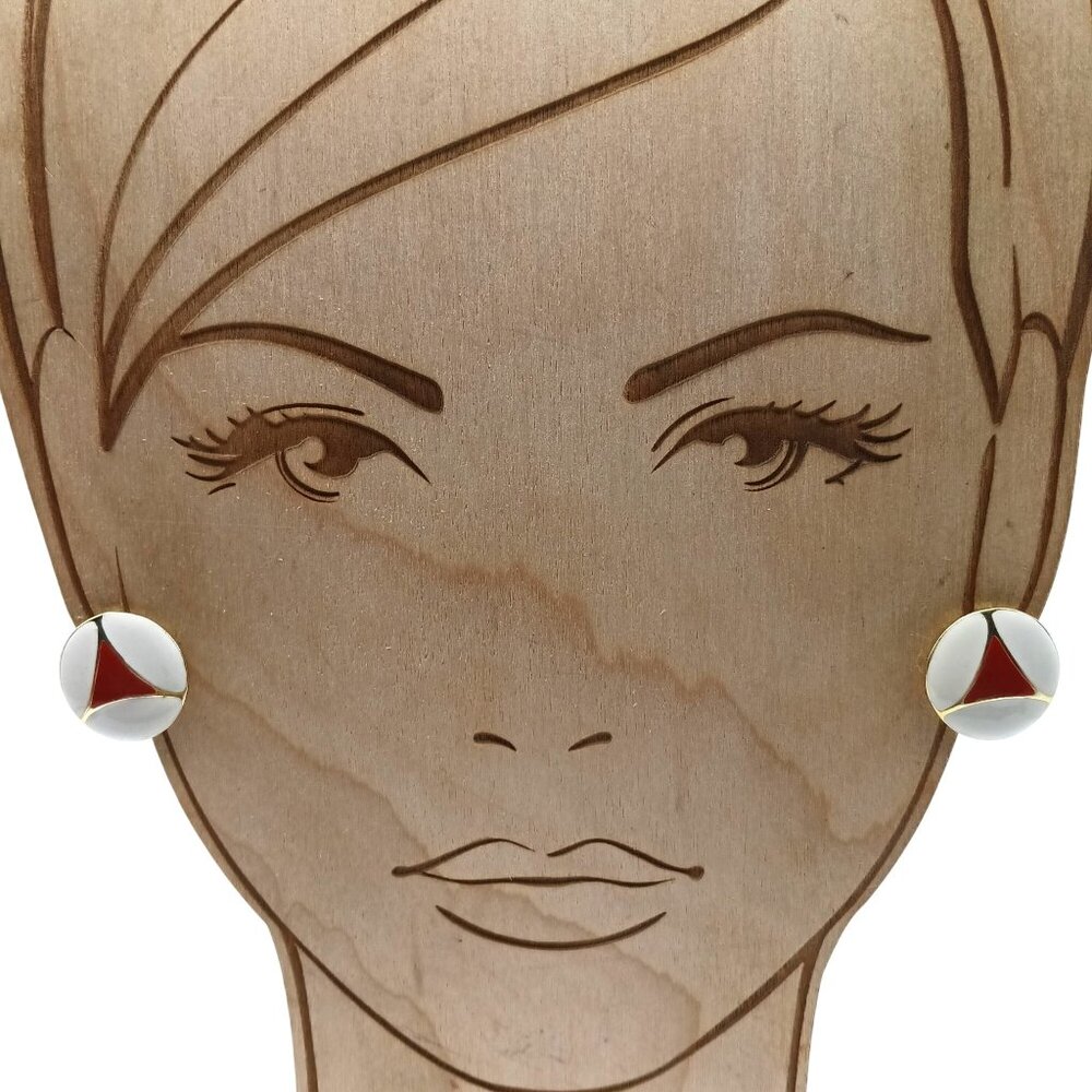 Vintage White & Red Enamel Hoop Stud Earrings